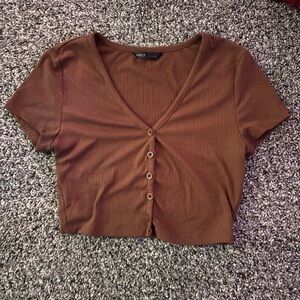 SHEIN Brown Ribbed Button-Down Top
